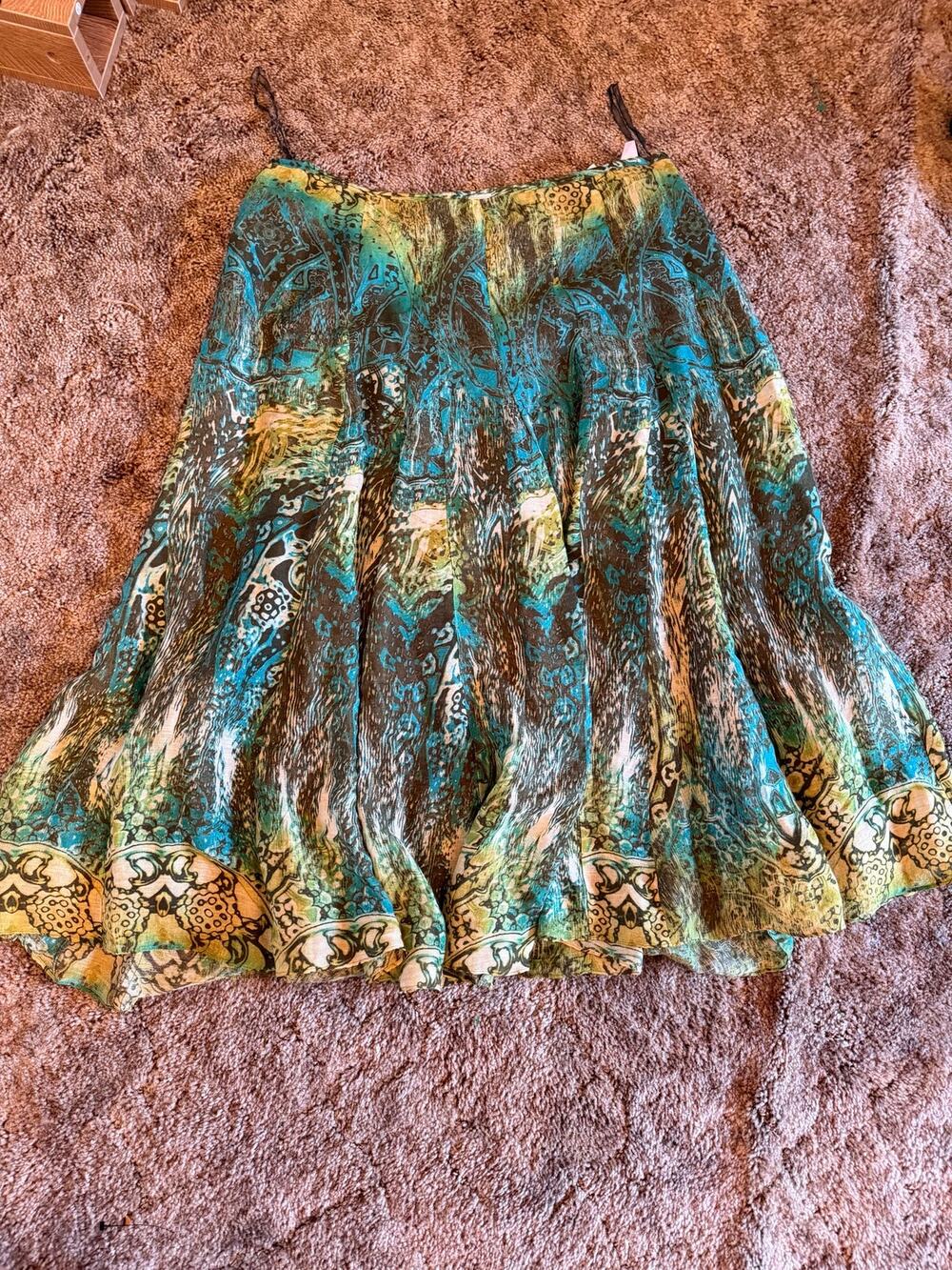 VTG Jones New York Silk Linen Blend Abstract Paisley Midi Skirt Teal Green Boho